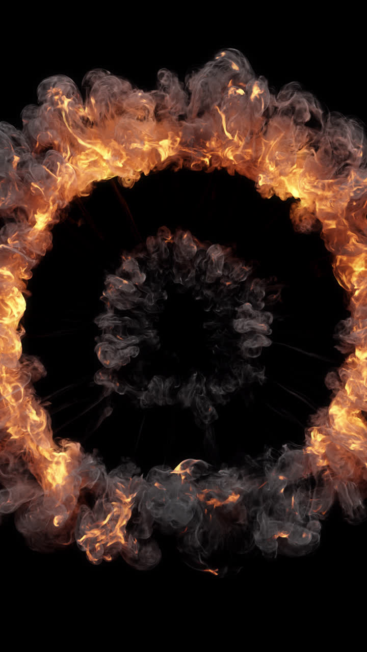 Dynamic Fire and Smoke Ring Bursting on Black Background
