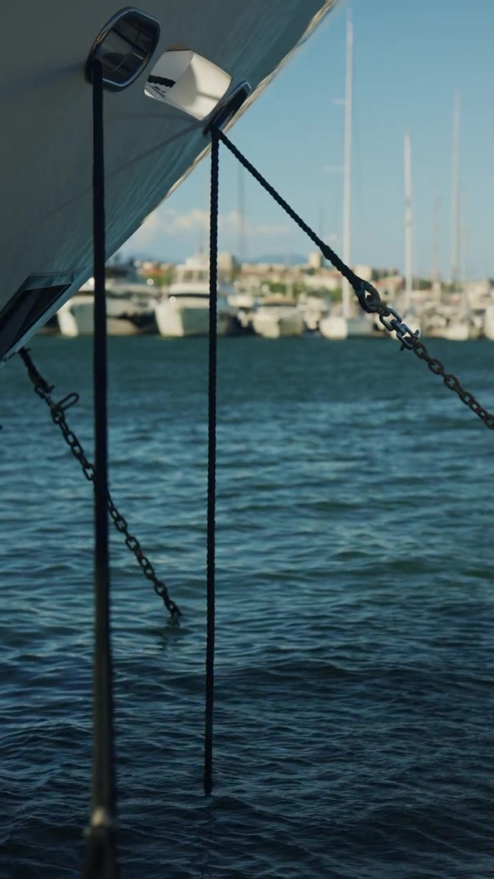 Nahaufnahme eines großen Yachtbugs mit Festmacherleinen und Ketten, mit Segelbooten und Marinagebäuden unscharf im Hintergrund.