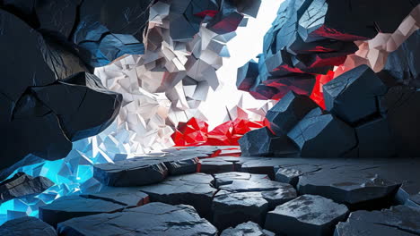 abstract geometric cavern with shattered rocks and glowing light