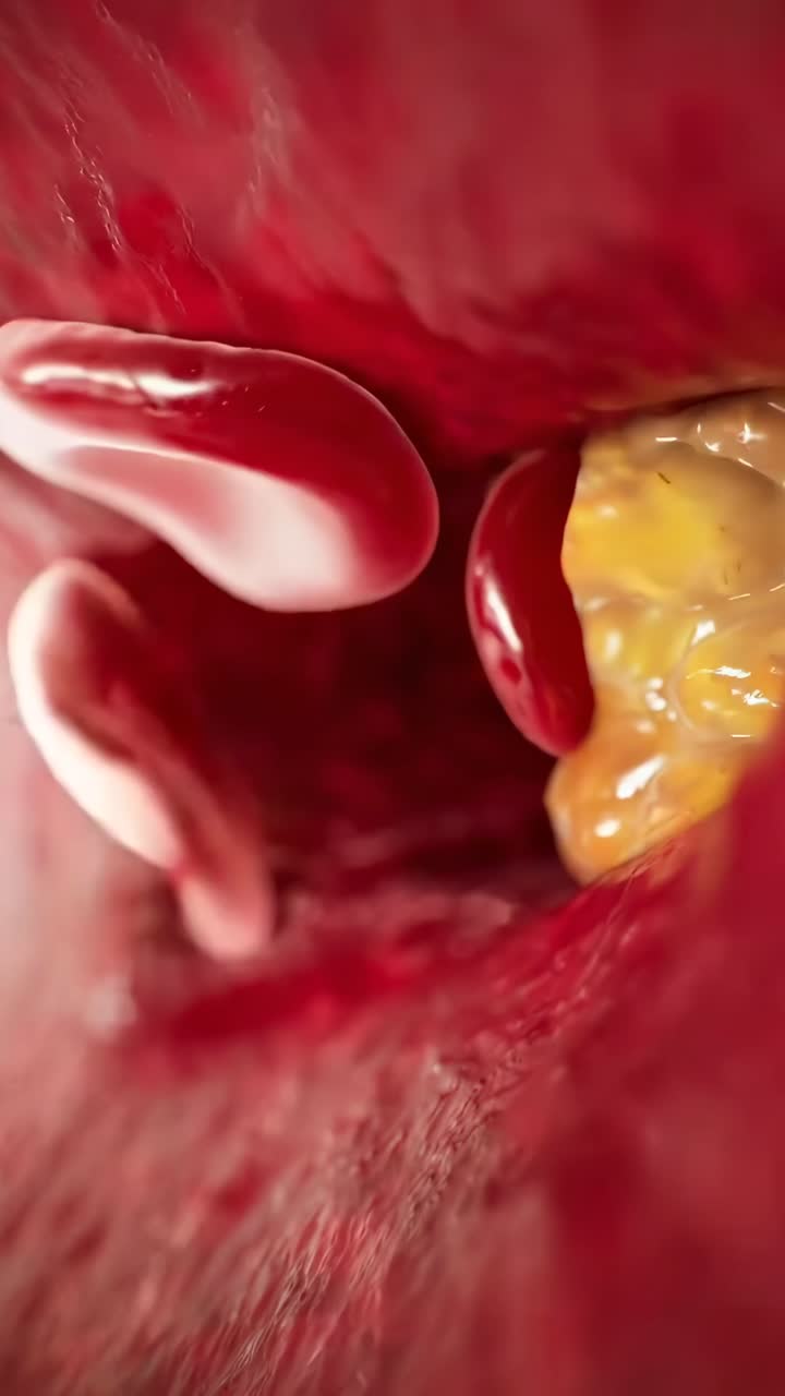 Video ravvicinato di globuli rossi che scorrono in un'arteria, che mostra un'angolazione dinamica e coinvolgente