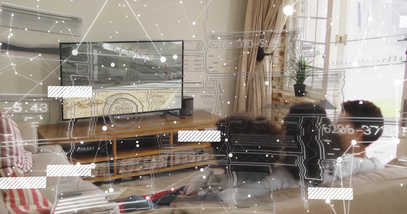 Network overlay appearing at start, drifting while adult and child watching TV visualizing data