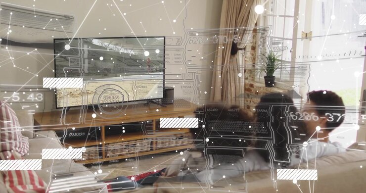 Network overlay appearing at start, drifting while adult and child watching TV visualizing data