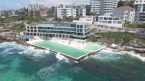 aerial view of swimming pool in bondi - oceanfront hotel and buildings - sydney, nsw, australia