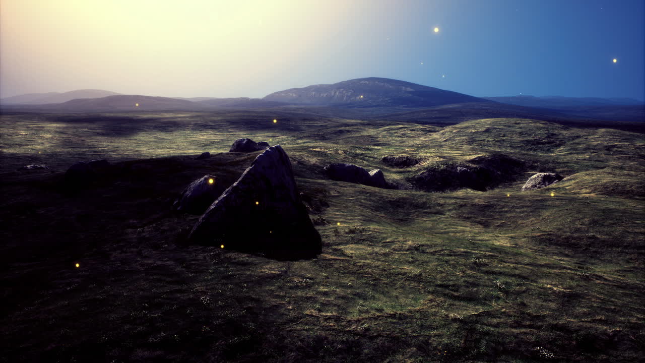 Vast rural landscape with soft glowing lights under twilight sky in summer
