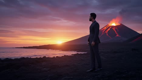 a dapper individual stands admiring a volcanic landscape at sunset, with erupting lava and breathtaking colors illuminating the sky and reflecting on the water
