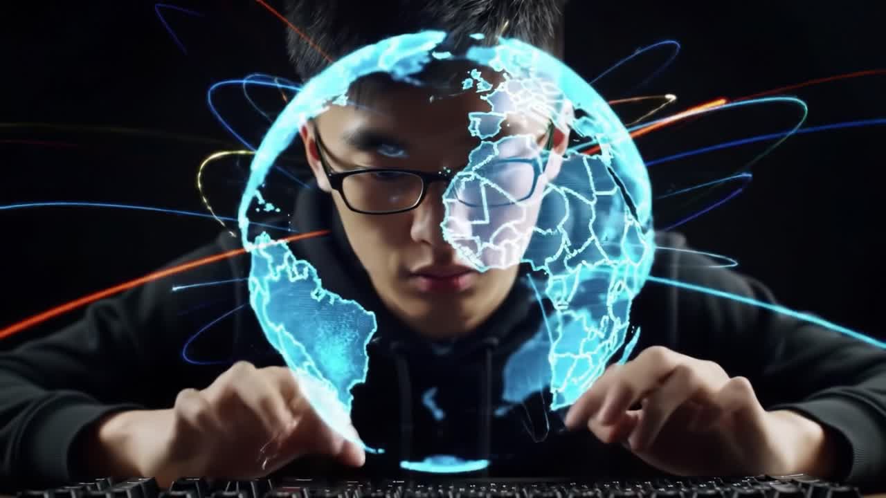 A Focused Individual Engaged in Digital Interaction, Surrounded by a Glowing 3D Representation of the World, Illustrating Global Connectivity and Technology in Action