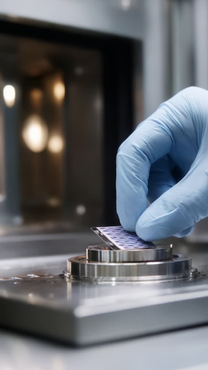A Scientific Procedure: Hand Placing a Sample Inside a Laboratory Vacuum Chamber for Precise Analysis and Experimentation