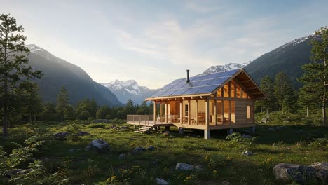 a serene eco-friendly cabin nestled in a picturesque mountain landscape embraced by nature's majesty and solar power innovations