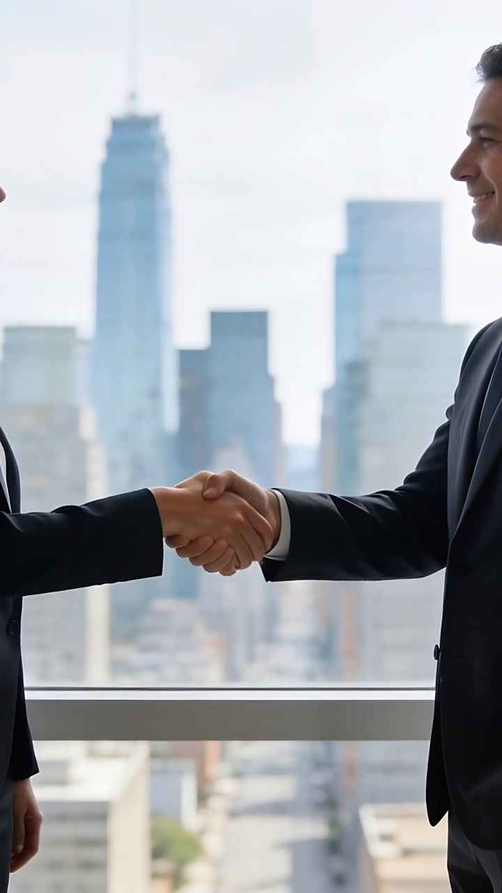 Video verticale: Sorridendo, donna a sinistra e uomo a destra che si stringono la mano a una finestra di vetro, in abiti eleganti, salutandosi.