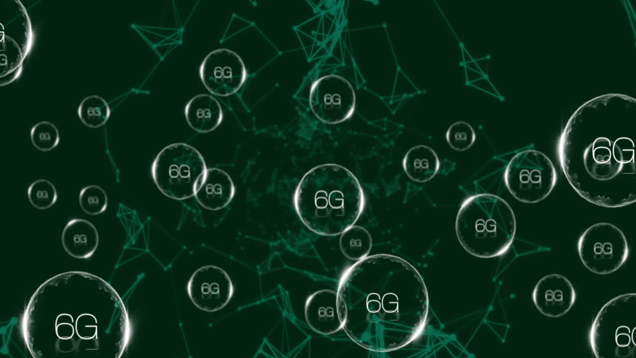 검은 바탕에 6g 텍스트를 가진 연결 네트워크의 애니메이션