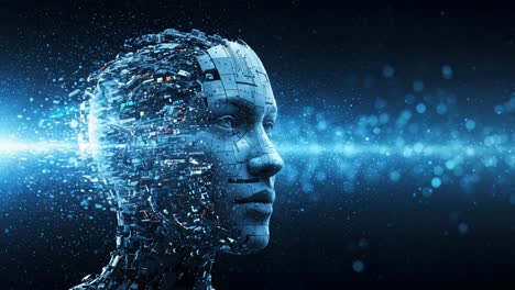 a stunning evolution of artificial intelligence: witness the transformation from a fragmented digital face to a complete robotic persona enveloped in radiant innovation