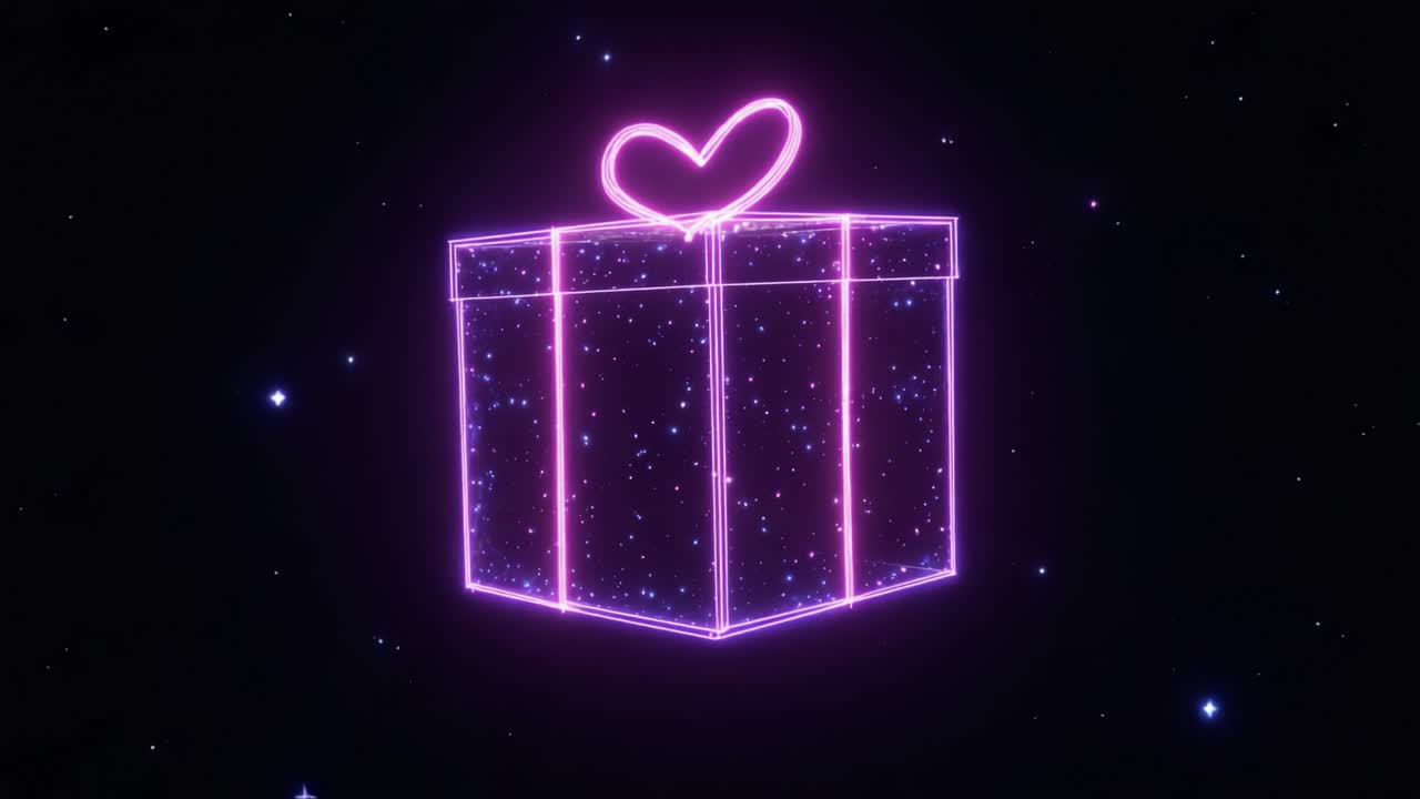 A stunning visual of a glowing neon gift box adorned with a heart shape on top, surrounded by a mesmerizing cosmic backdrop filled with sparkling stars, creating a whimsical atmosphere