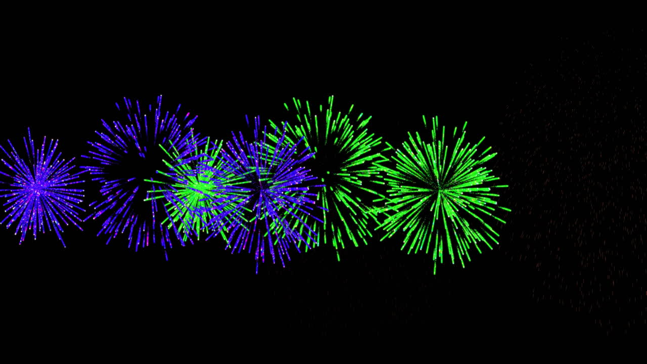 Colorful fireworks animation with green and blue bursts on black background