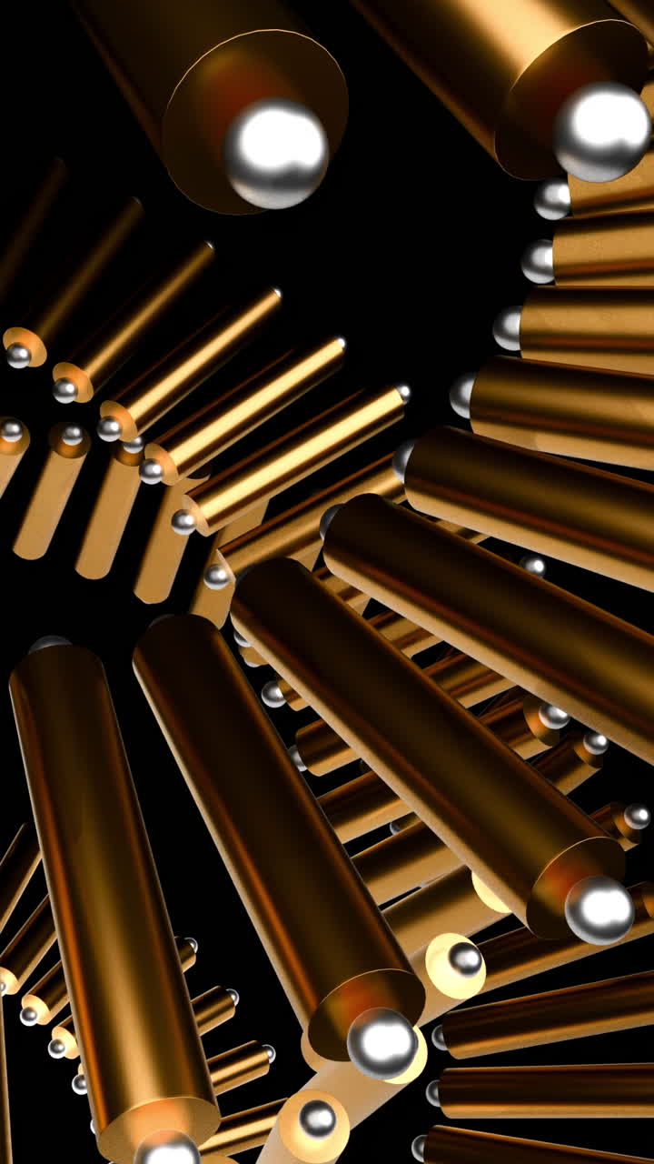 Cilindri dorati lucidi che spiraleggiano su sfondo nero, barre lucide e sfere a specchio che ruotano in modo preciso.