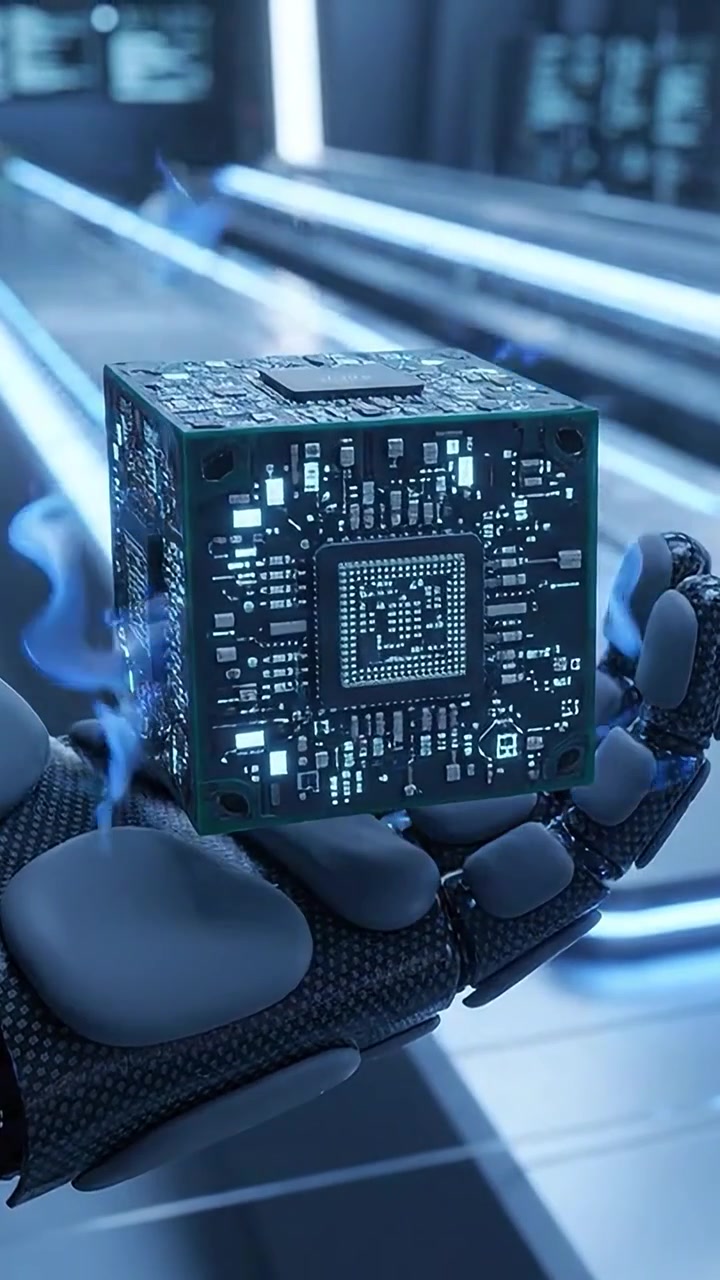 Futuristic robotic hand holding a glowing microchip, showcasing advanced technology and innovation in artificial intelligence and computing environments.