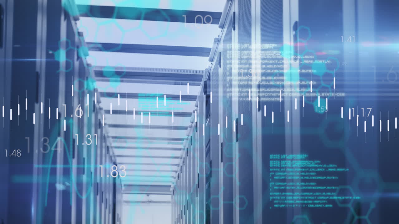 animación del procesamiento de datos financieros a través de servidores informáticos