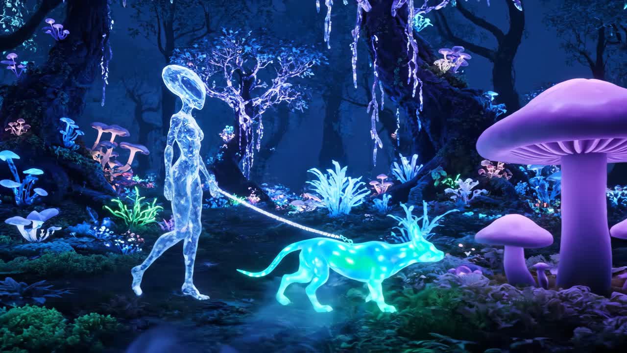 An alien and a glowing dog walking in a fantasy forest
