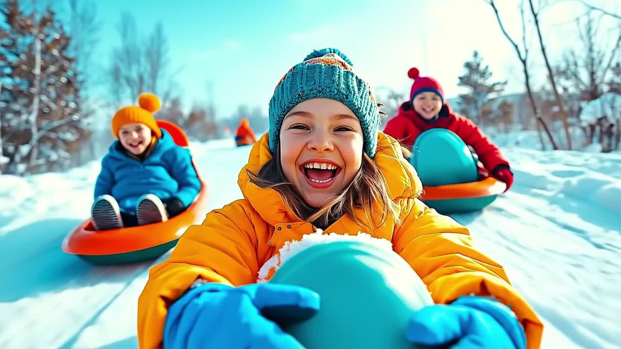 A group of children sledding down a hill in the snow