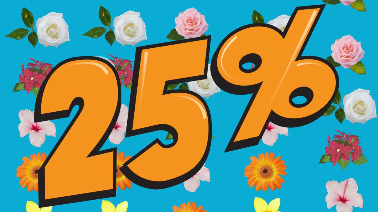 animación del 25 por ciento de descuento texto sobre flores que se mueven en movimiento hipnótico