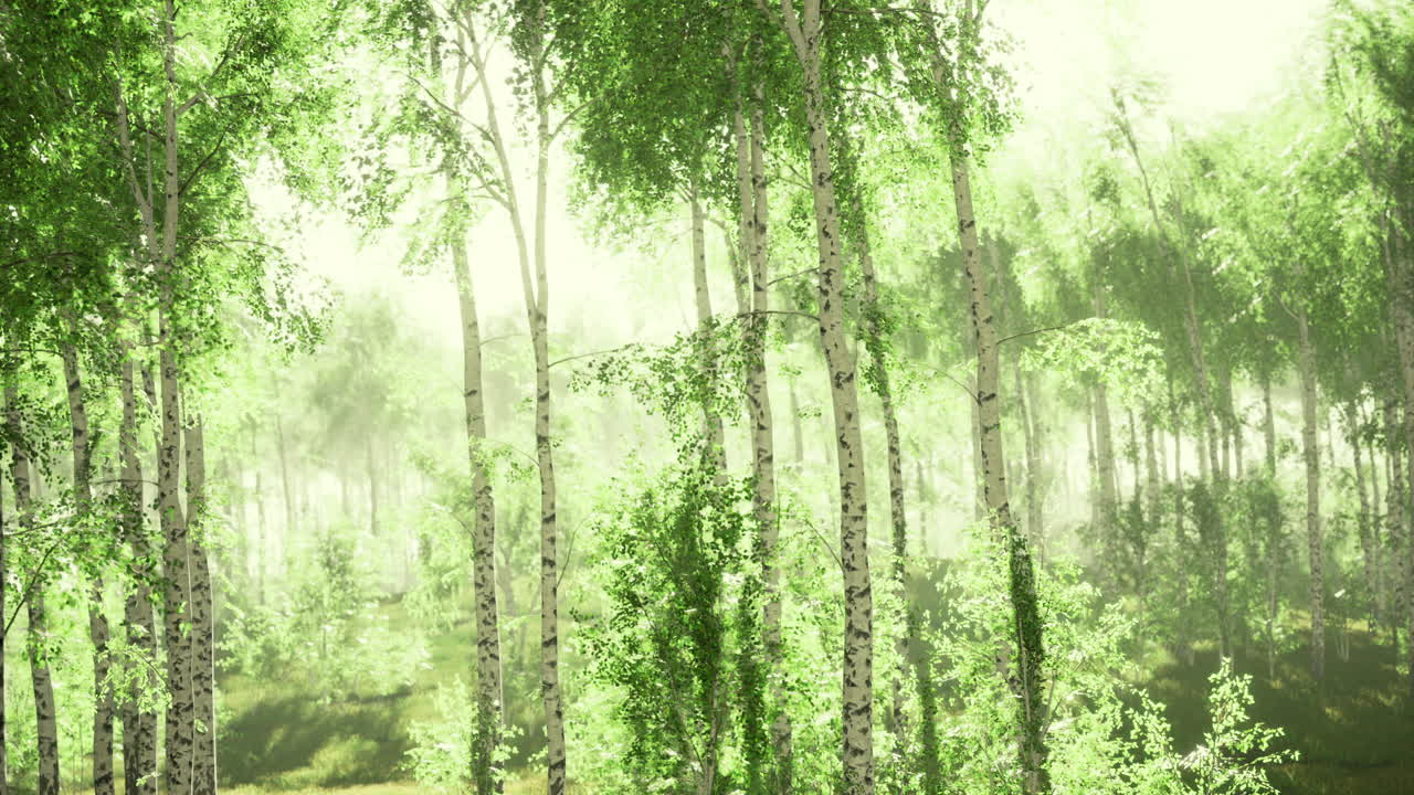 Lush green forest with birch trees illuminated by soft morning light