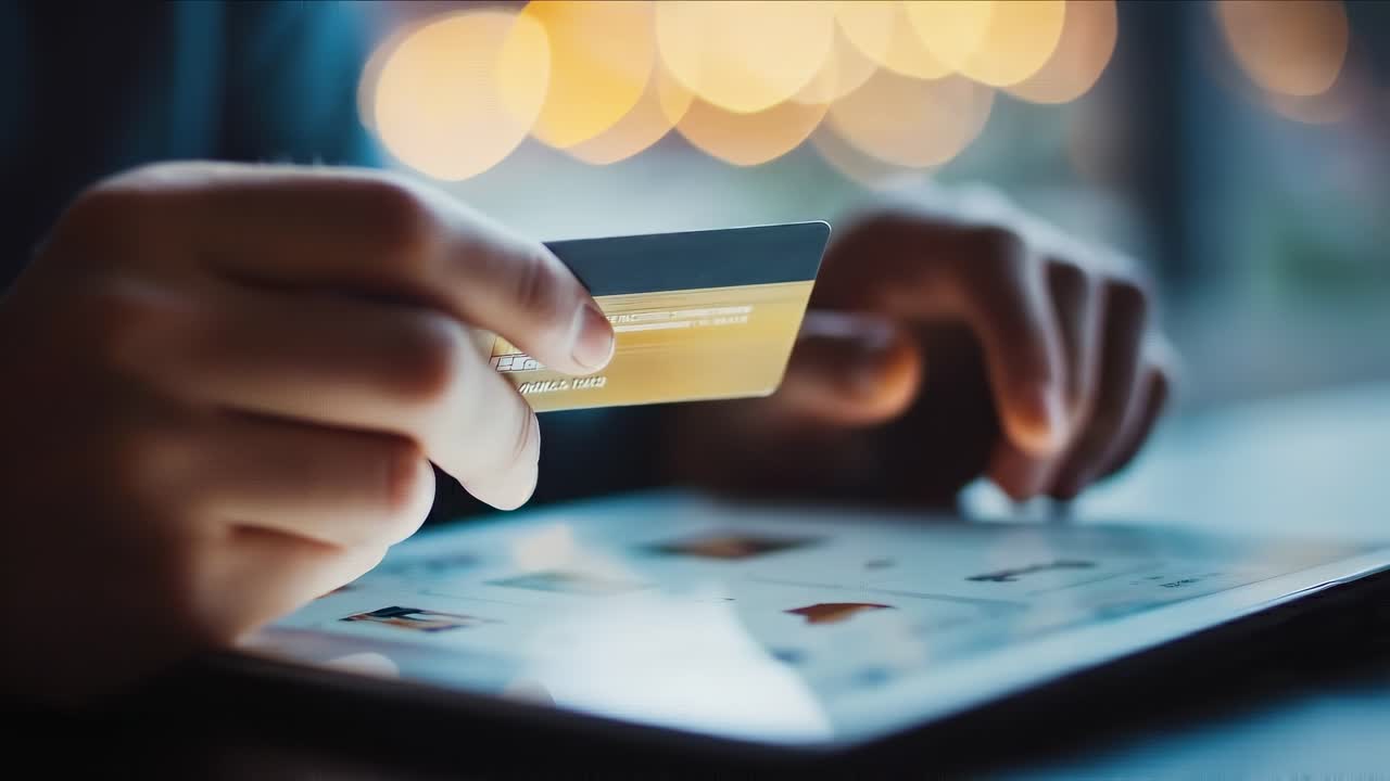 Close-up video of hands holding a credit card over a tablet, with a bokeh background
