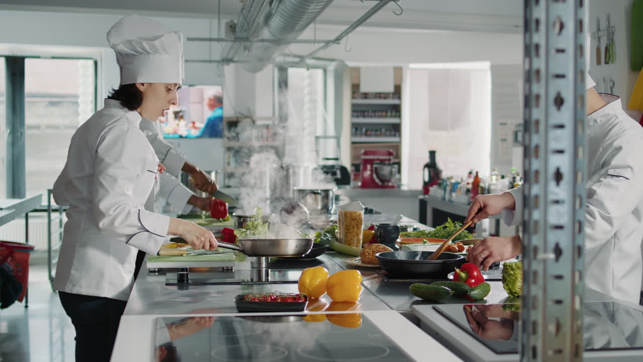 Team eterogeneo di chef che preparano gli ingredienti di un piatto gourmet