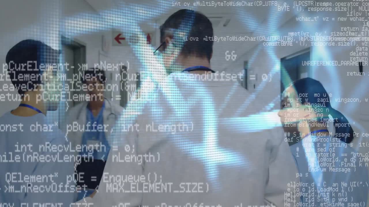 estructuras de adn y procesamiento de datos contra el equipo de médicos caminando en el hospital