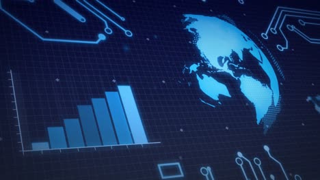 Animation-of-globe,-processor-elements-and-data-processing-on-grid