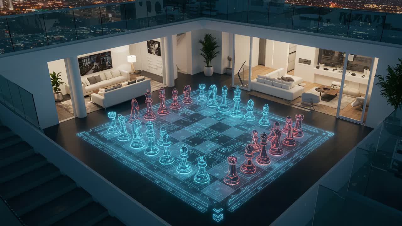 A Futuristic 3D Digital Chess Match in a Modern Living Space, Featuring Glowing Chess Pieces and a Stunning City View as a Backdrop