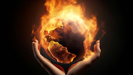 hands holding planet earth wrapped in burning flames from climate change