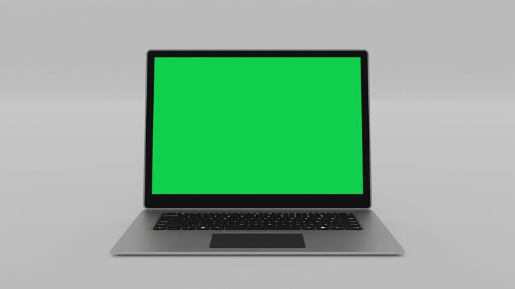 Moderne slank bærbar computer med åbent låg, tændt grøn skærm 4k