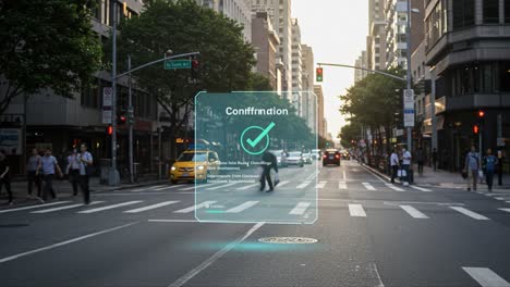 urban confirmation process: a digital notification displayed on a busy intersection with pedestrians and cars in motion, highlighting modern technology in urban life