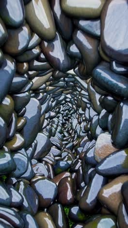 abstract tunnel of wet river stones and moss
