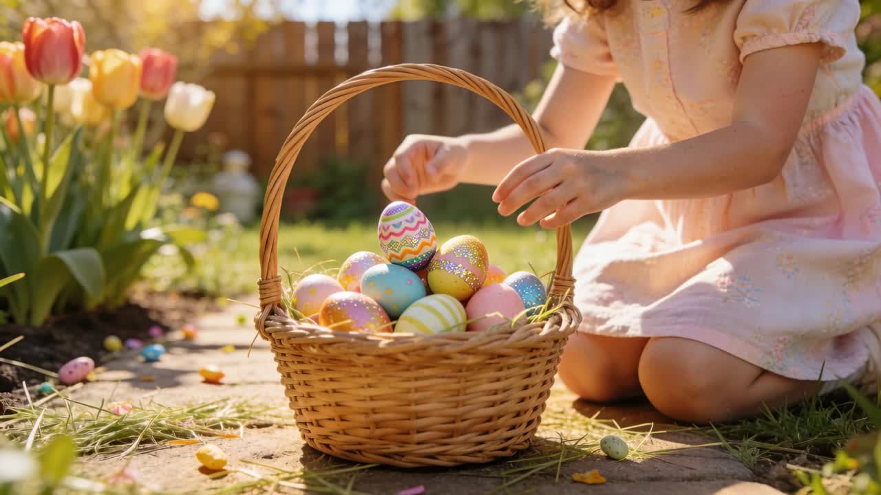 Seeing eggs child in pink dress kneeling on patio sorting eggs into wicker basket neatly