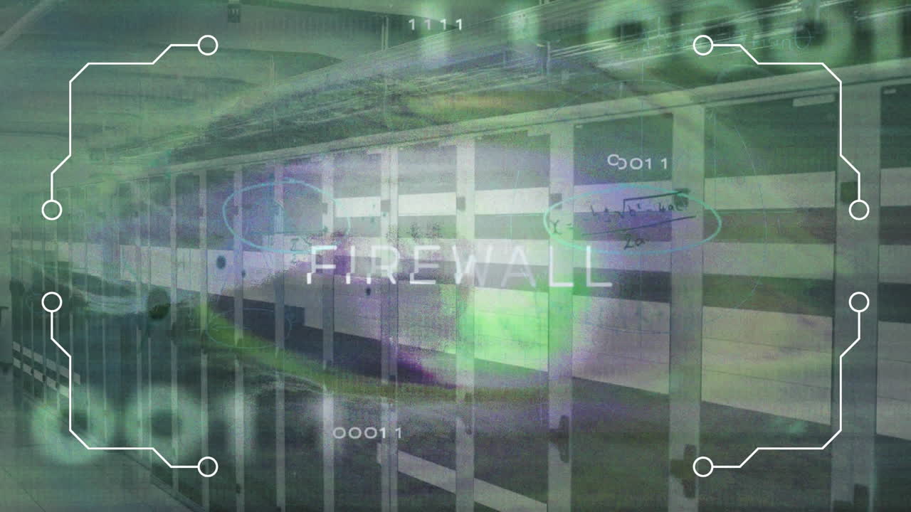 animación del procesamiento de texto y datos del cortafuegos en la sala del servidor.