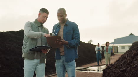 inspector, people and farmer talking about land