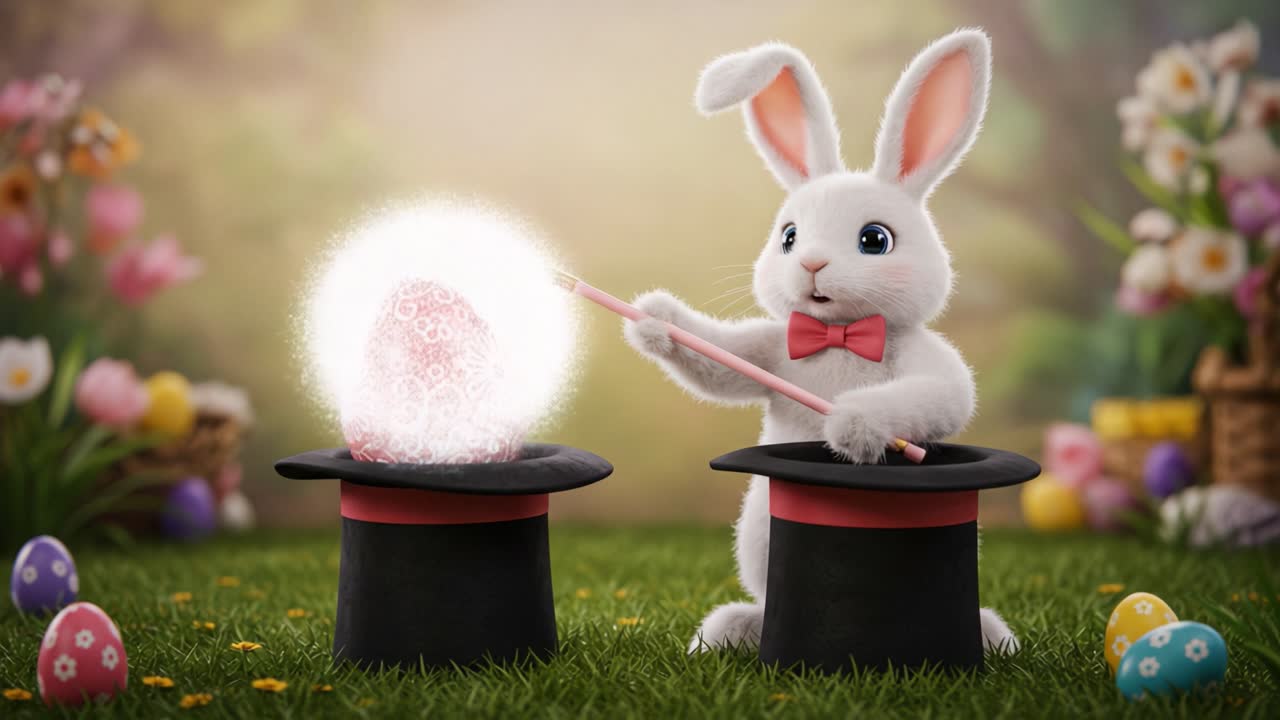 Ein zauberhafter Osterhase führt einen bezaubernden Trick vor und lässt mit einem Winken seines Zauberstabs ein wunderschön verziertes Ei in einer farbenfrohen Frühlingslandschaft schweben