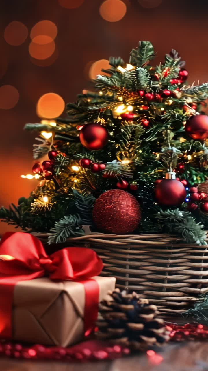 A Christmas tree with red and gold ornaments sits on a wooden table. The tree is surrounded by pine cones and presents, creating a festive and cozy atmosphere