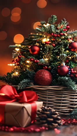 a christmas tree with red and gold ornaments sits on a wooden table. the tree is surrounded by pine cones and presents, creating a festive and cozy atmosphere