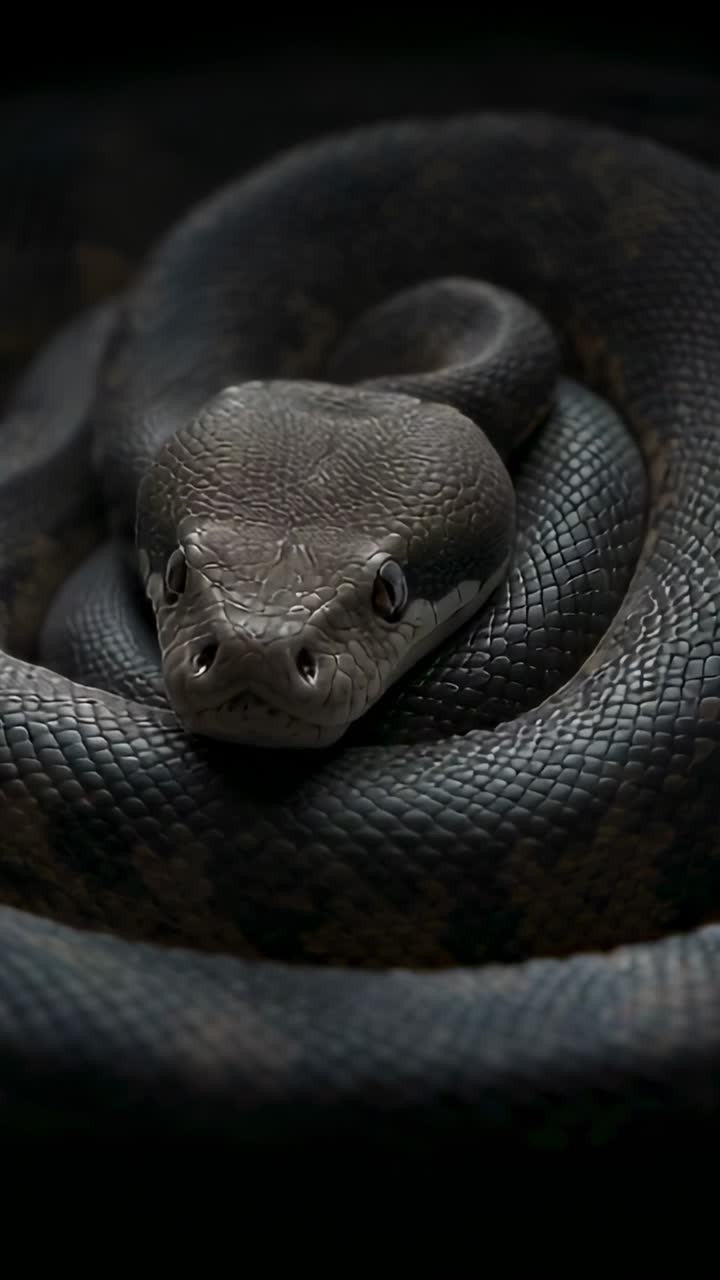 Video verticale: reazione allo spostamento muscolare, serpente pitone che solleva la testa sopra le spire in studio, squame