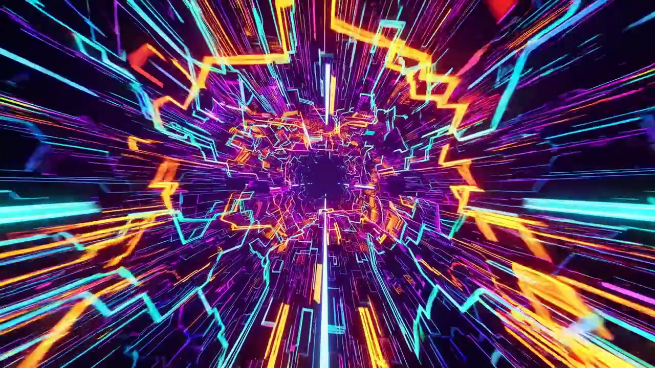 Fast Motion Through a Glowing Neon Digital Data Tunnel
