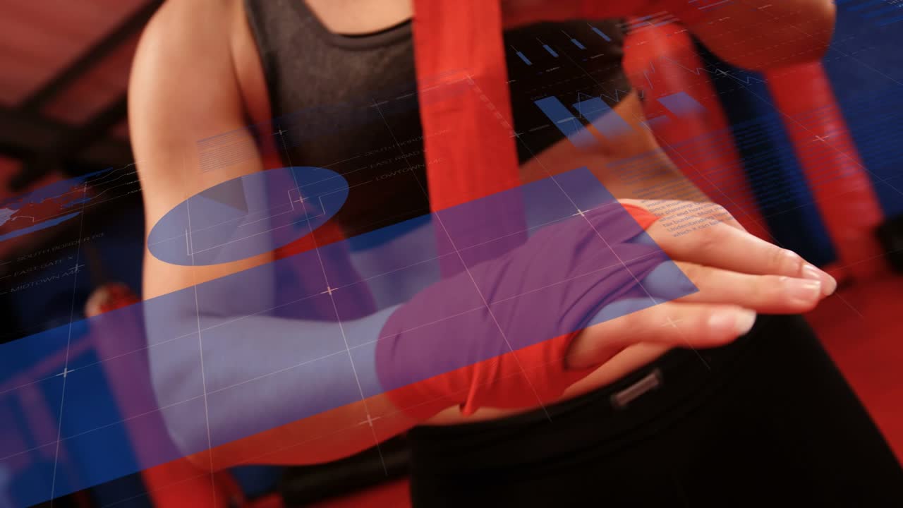 Woman boxer anchoring red wrap on strap, pulling, winding for training while blue overlay appearing