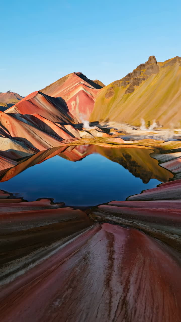 Vibrant Rainbow Mountains Reflected in a Serene Lake with Geothermal Activity
