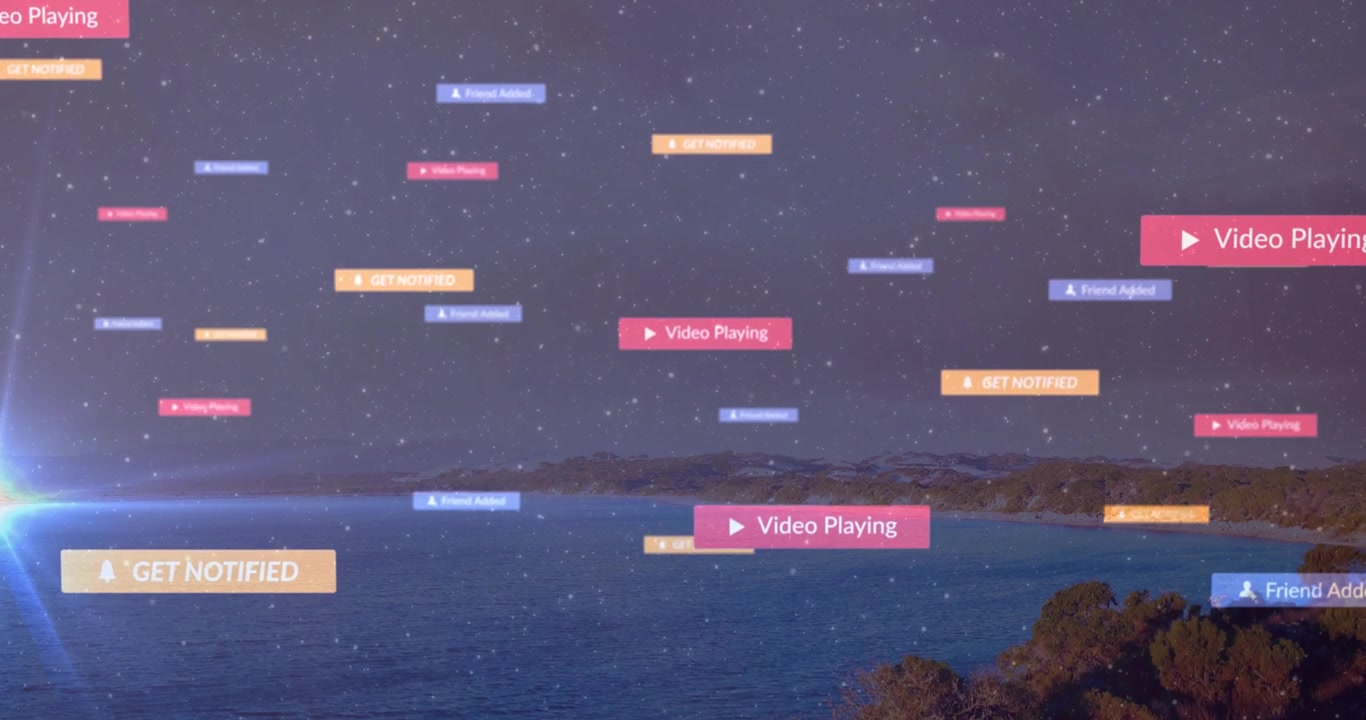 カーソルが再生アイコンをクリックすると、UIタグが出現し、漂い、ピンを打ち、星空の海で再生を示すようにフェードアウトする。