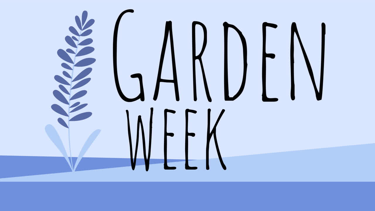 Animation of flower icon and garden week text on blue background