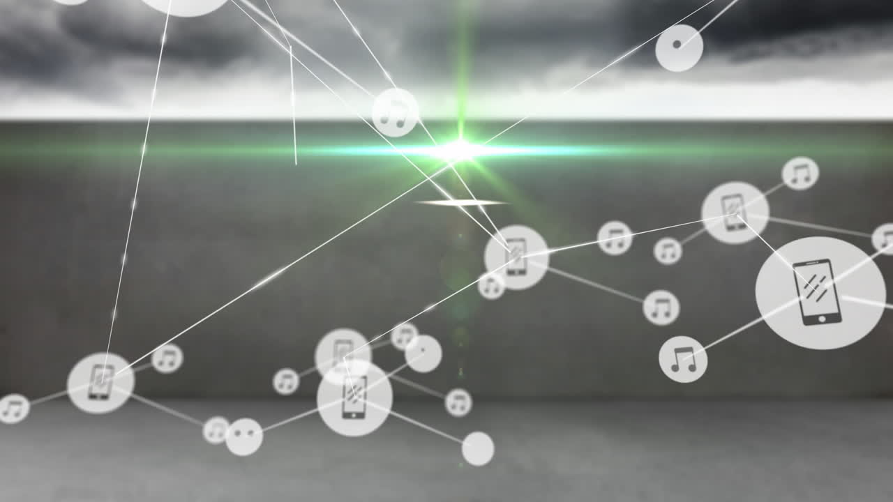 연결된 장치 및 미디어 아이콘의 네트워크, 추상적인 배경 위의 애니메이션