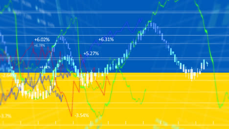 animación de gráficos y datos financieros sobre la bandera de ucrania