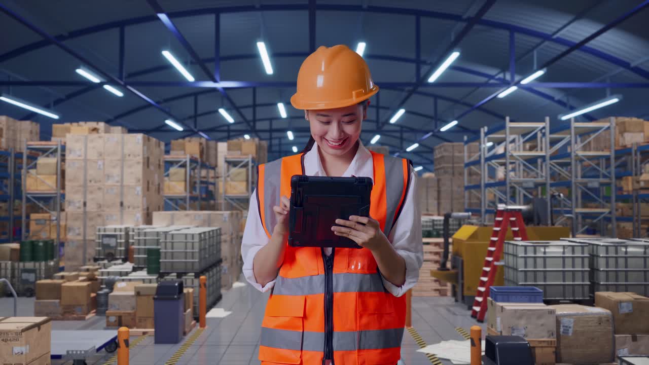Ingegnere donna asiatica con elmetto di sicurezza che lavora su un tablet, in piedi in un ampio magazzino con scaffalature