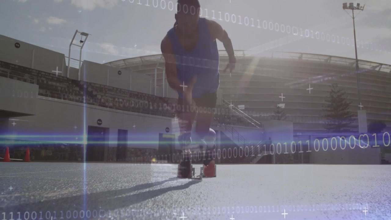 Male sprinter launching off blocks after code peaking with data streams and sprinting toward camera