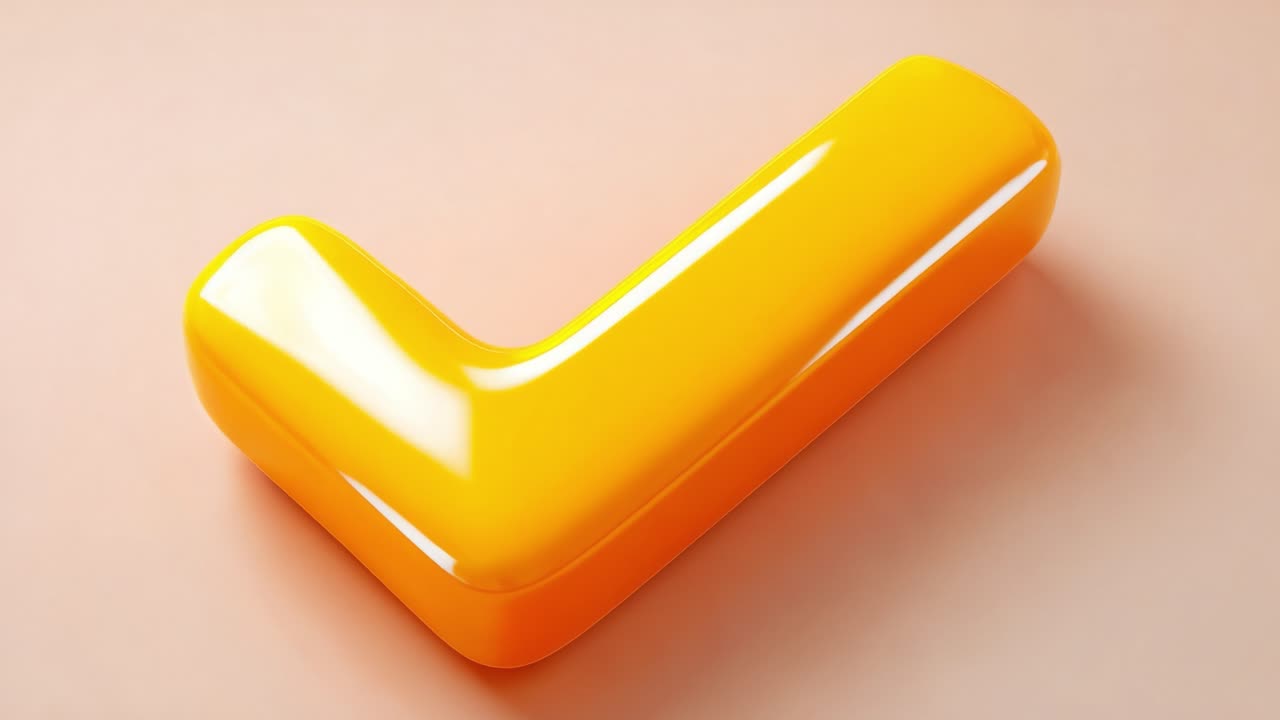 Vibrant Yellow Checkmark: A Glossy, Modern Representation of Approval and Success, Set Against a Soft Peach Background That Enhances Its Brightness and Appeal